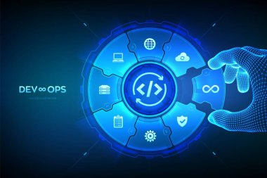 Devops. Yazılım geliştirme metodolojisi uyguluyor. Çevik geliştirme optimizasyon konsepti. Yazılım mühendisliği. El, Devops 'u görselleştiren bir bileşime bir element yerleştirir. Vektör illüstrasyonu