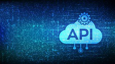 Uygulama Programlama Arayüz simgesi ikili kodla oluşturuldu. API teknoloji konsepti. Yazılım geliştirme aracı. Veri entegrasyonu 1.0 basamaklı dijital ikili kod arkaplanı. Vektör İllüstrasyonu