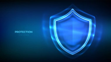 Koruma kalkanı. Boş şeffaf cam güvenlik kalkanı. Siber güvenlik, sağlık, sigorta, savunma, koruma, güvenlik sembolü. İnternet gizliliği, güvenlik duvarı ve antivirüs sistemi. Vektör illüstrasyonu