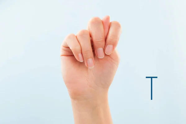 American Sign Language Female Hand Showing Letter Isolated Blue Background — Stock Photo, Image