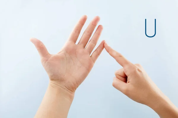 Fingerspelling Alphabet Female Hands Isolated Blue Background Showing Deaf Mute — Stock Photo, Image