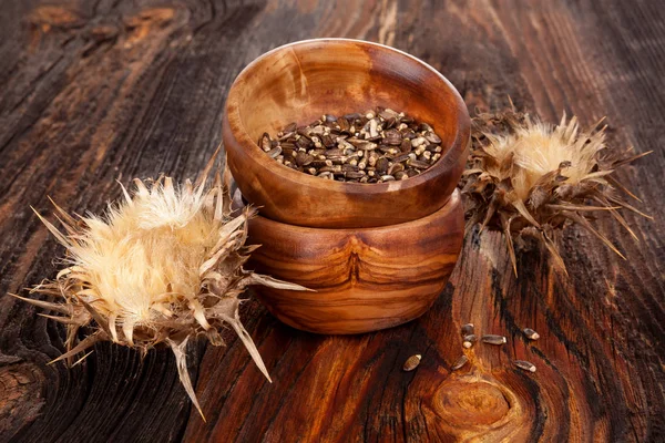 Dried Milk Thistle Flowers Seeds Wooden Bowl Brown Talbe — Stock Photo, Image