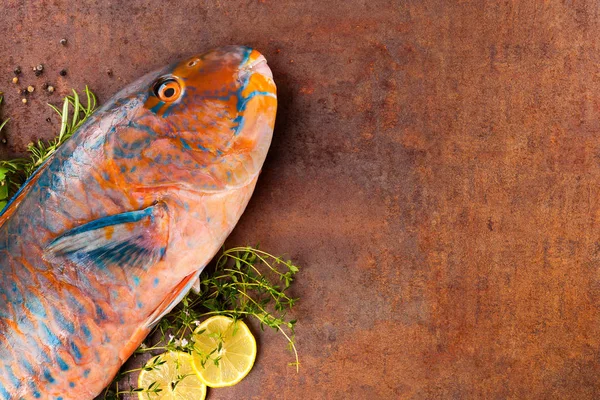 Parrotfish Tropical Colorido Com Ervas Limões Cima Backbround Enferrujado — Fotografia de Stock