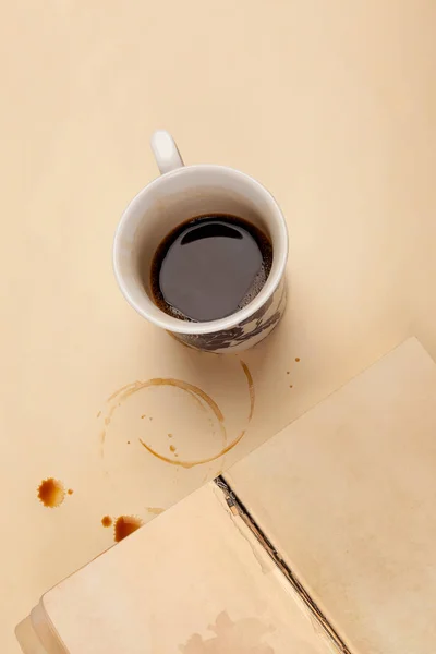 Writer Block Half Empty Cup Coffee Old Book Empty Page — Stock Photo, Image