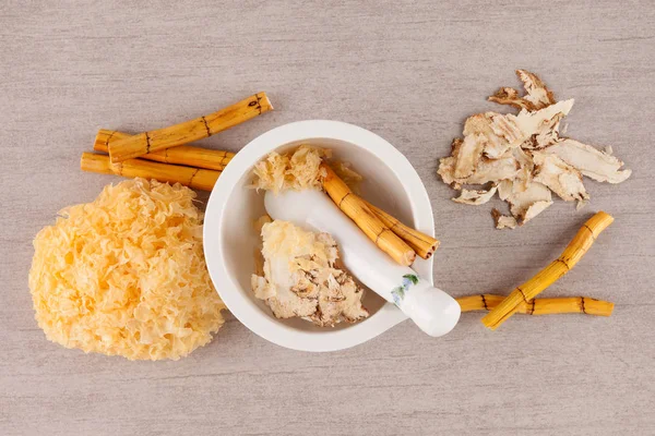 Hierbas Curativas Chinas Tradicionales Mortero Desde Arriba Medicina Para Presión — Foto de Stock