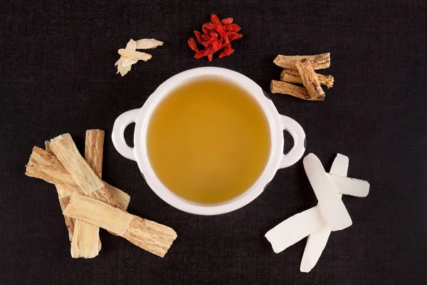 Different Kind Chinese Herbal Medicine Clear Soup Black Background Imunity — Stock Photo, Image