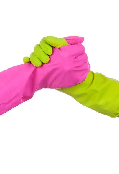 Handshake Colorful Cleaning Gloves Isolated White Background Cooperation Good Job — Stock Photo, Image
