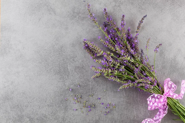 Levendula Virág Kacsapástétom Szürke Háttér Felülnézet Provence Stílusban Hely Másolás — Stock Fotó
