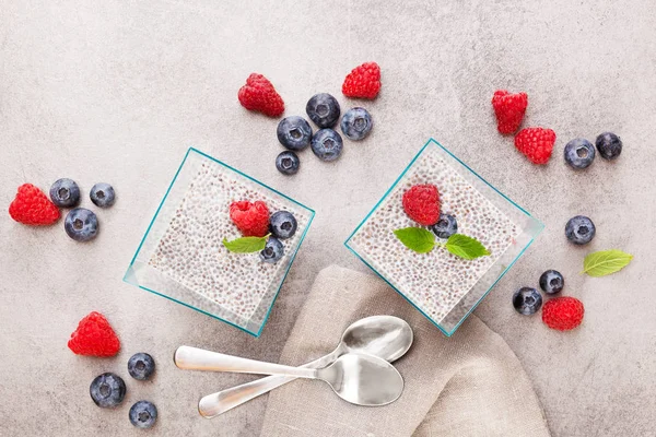 Healthy Chia Seed Puddings Fresh Berries Spoons — Stock Photo, Image