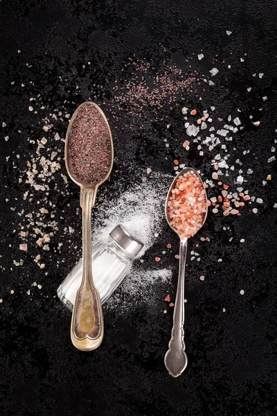 Olika Typer Salt Classic Vit Traditionella Himalayan Och Svart Salt — Stockfoto