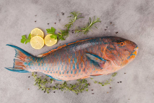 Barevné Tropické Ploskozubec Bylinkami Citrony Staré Šedivé Backbround Shora Lahodné — Stock fotografie