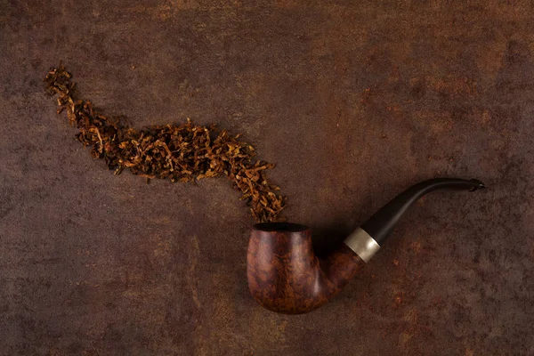 Pipe Tabac Sur Fond Brun Rustique Vue Dessus — Photo