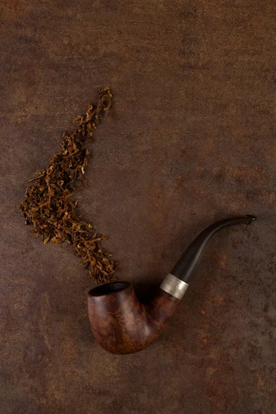 Pipe Tabac Sur Fond Brun Rustique Vue Dessus — Photo