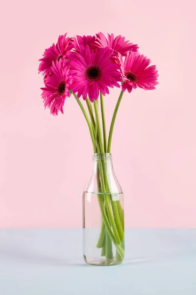 Gerbera Bouguet Vaso Sfondo Rosa — Foto Stock