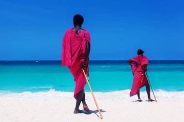 Yaz beyaz kum plaj okyanusta bakarak iki maasai savaşçı.