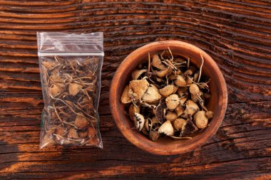 Plastik torba ve kahverengi masada ahşap kase kuru psilosibin sihirli mantar. Tıp alternatif çözüm.