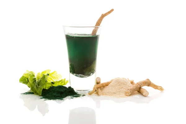 Withania Somnifera Root Ashwagandha Chlorella Green Juice Isolated White Background — Stock Photo, Image