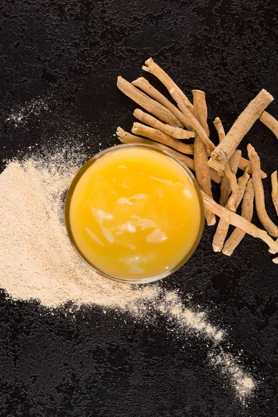 Pudding Ashwagandha Supplement Powder Root Black Background Health Diet Concept — Stock Photo, Image