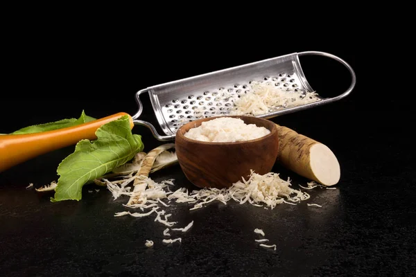 Fresh Grated Horseradish Roots Grater Black Background Homemade Wassabi — Stock Photo, Image