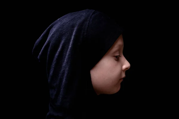 Little Muslim Girl Black Hijab Isolated Black Background Islam Religion — Stock Photo, Image