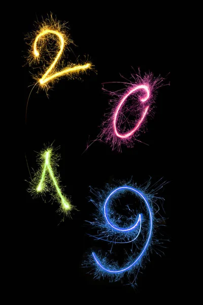 Happy New Year 2019 Made Fireworks Isolated Black Background — Stock Photo, Image