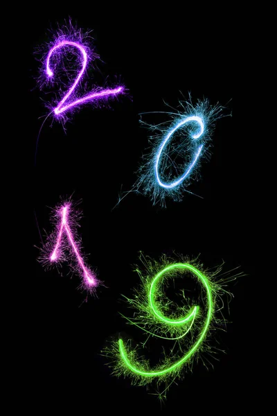 Happy New Year Digits 2019 Made Fireworks Isolated Black Background — Stock Photo, Image