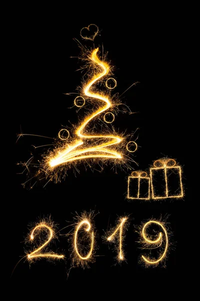 Merry Christmas 2019 Sparkling Firework Christmas Tree Christmas Presents Minimal — Stock Photo, Image