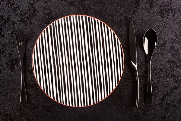 Luxury Black Cuttlery Striped Plate Contemporary Eating — Stock Photo, Image