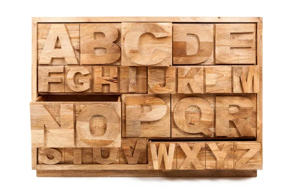 Wooden Alphabet Cabinet Isolated White Background Organizer Storage Concept — Stock Photo, Image
