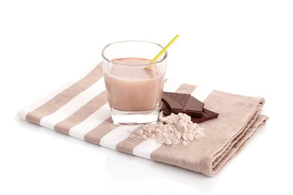 Batido Proteína Chocolate Con Polvo Sobre Tela Aislada Sobre Fondo — Foto de Stock