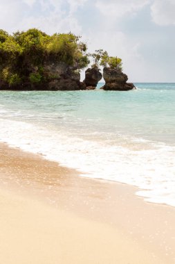 Rock ve ağaçları ile güzel bir plaj. Yaz tatil seyahat tatil arka plan kavramı. Cennet.