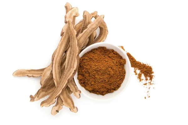 Reishi Svamp Pulver Skål Isolerad Vit Bakgrund Uppifrån Superfood Och — Stockfoto