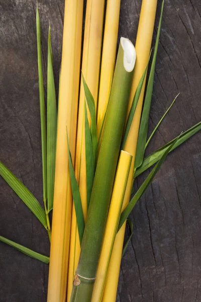 Rund Bambu Pinnar Med Blad Sten Bakgrund Från Ovan Ekologiska — Stockfoto