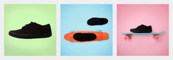 Fekete Skate cipők és gördeszka. — Stock Fotó