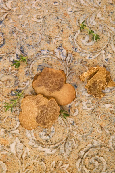 Raw white truffle on the table from above.