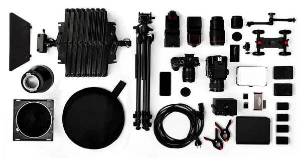 Professional Photography Accessories White Background Knolling Technique Background — Stock Photo, Image
