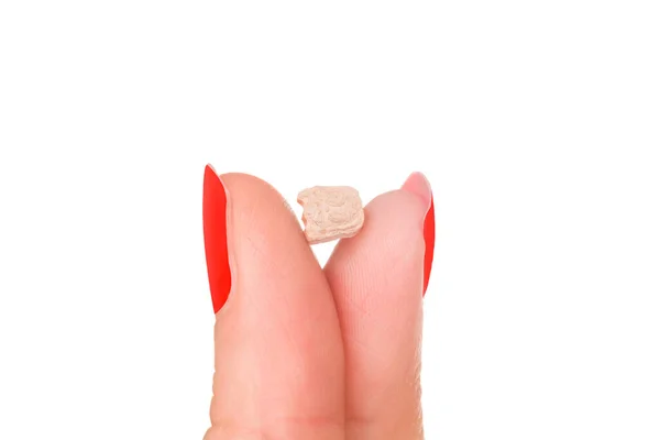 Ecstasy Pill Female Fingers Red Nails Isolated White Background Party — Stock Photo, Image