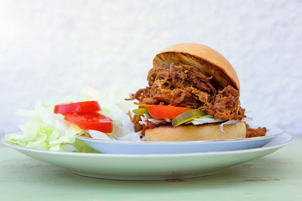 Varkensburger Met Verse Salade Bord Zonnige Dag Feestartikelen Barbecue — Stockfoto