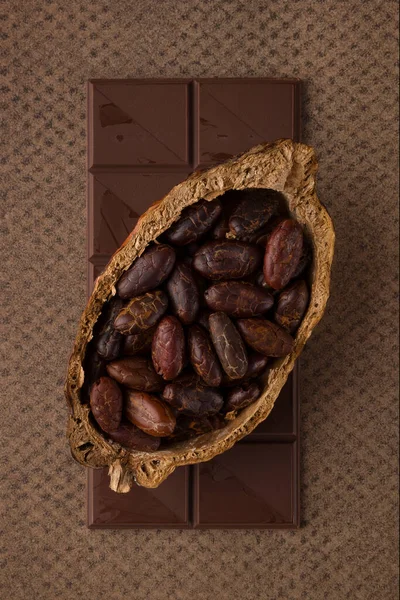 Barre Chocolatée Fèves Cacao Sur Fond Brun Luxueux Fond Humeur — Photo