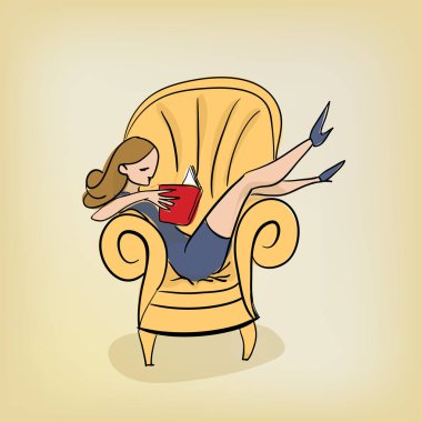 kendi kendine yeterli kız koltuk vektör illüstrasyon kitap okur moda kavramı okuyun