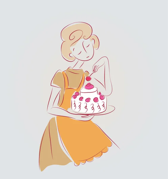 Cooking girl vector illustration with cake isolated doodle sketch — Stock Vector