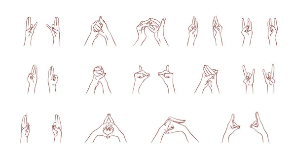 Vector mudras manos color aislado dedos de línea — Vector de stock