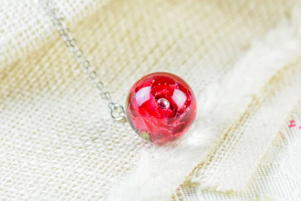 Dried rose in crystal clear resin pendant necklace, pendant with