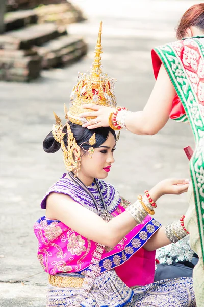 Asian woman wearing typical, traditional Thai Dress. It is liter — Stock Photo, Image