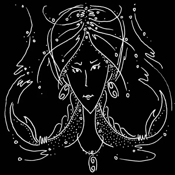 Zodiac sign Cancer black and white drawing girl with braids in the form of claws cancer