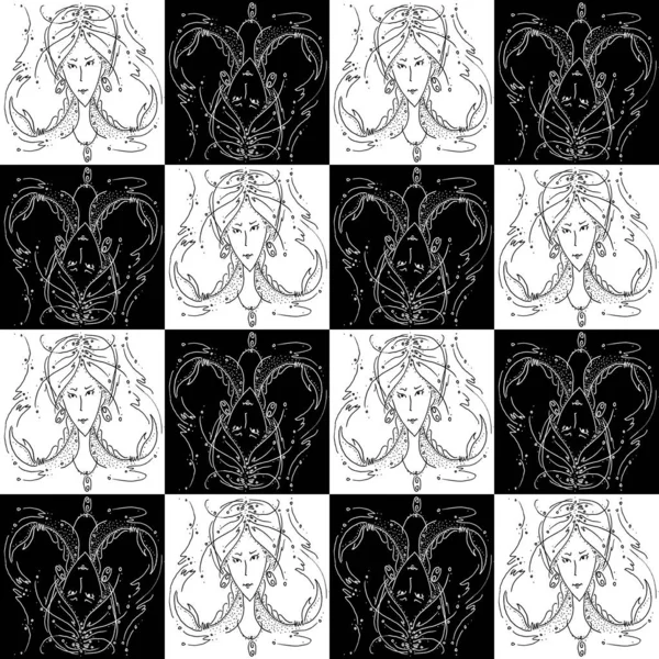 Seamless texture zodiac sign Cancer black and white drawing girl with braids in the form of claws cancer