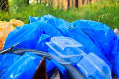 Ormanın bir orman yolu, Doğa, çöp ve doğa kirliliği plastik çöp bir paket yatıyor