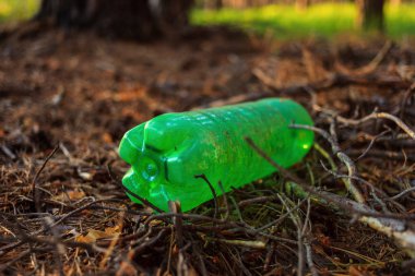 Ormanda plastik şişe atıkları. Plastik kirlilik kavramı.