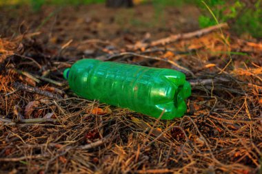 Ormanda plastik şişe atıkları. Plastik kirlilik kavramı.