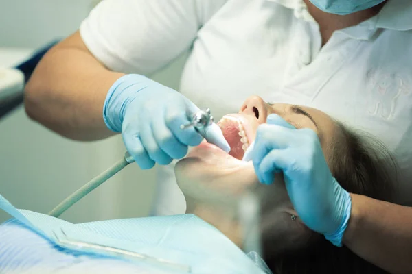 Close Young Woman Open Mouth Dentist Teeth Checkup Dentist Office — Stock Photo, Image